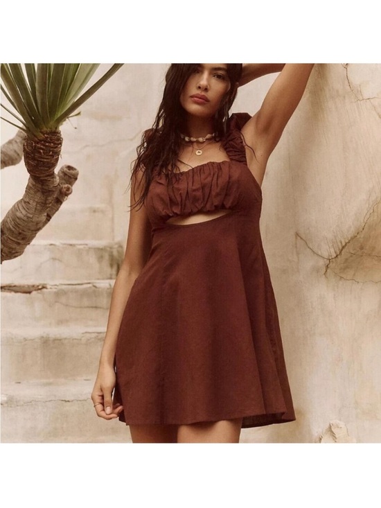 Free People Dresses & Skirts - Free People “FREE-EST” BOM BOM ISLAND Brown Cutout Sundress with Ruched Bust